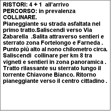 Casella di testo: RISTORI: 4 + 1  allarrivo 
PERCORSO: in prevalenza COLLINARE.
Pianeggiante su strada asfaltata nel primo tratto.Saliscendi verso Via Zabarella  .Salita attraverso sentieri e sterrato zona Fortelongo e Farneda . Punto pi alto al nono chilometro circa. Saliscendi  collinare per km 8 tra vigneti e sentieri in zona panoramica . Tratto rilassante su sterrato lungo il torrente Chiavone Bianco. Ritorno  pianeggiante verso il centro cittadino .


